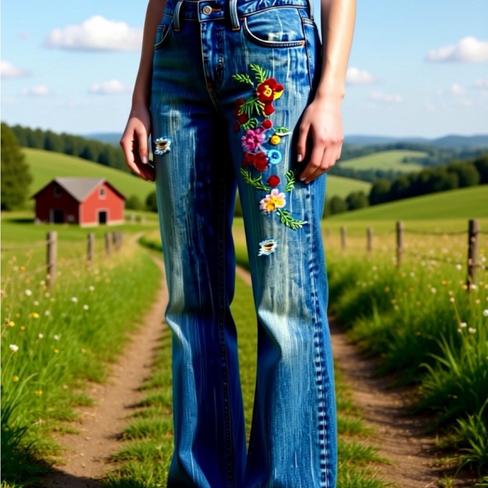 Zion Rootswear Floral Embroidered Blue Jeans